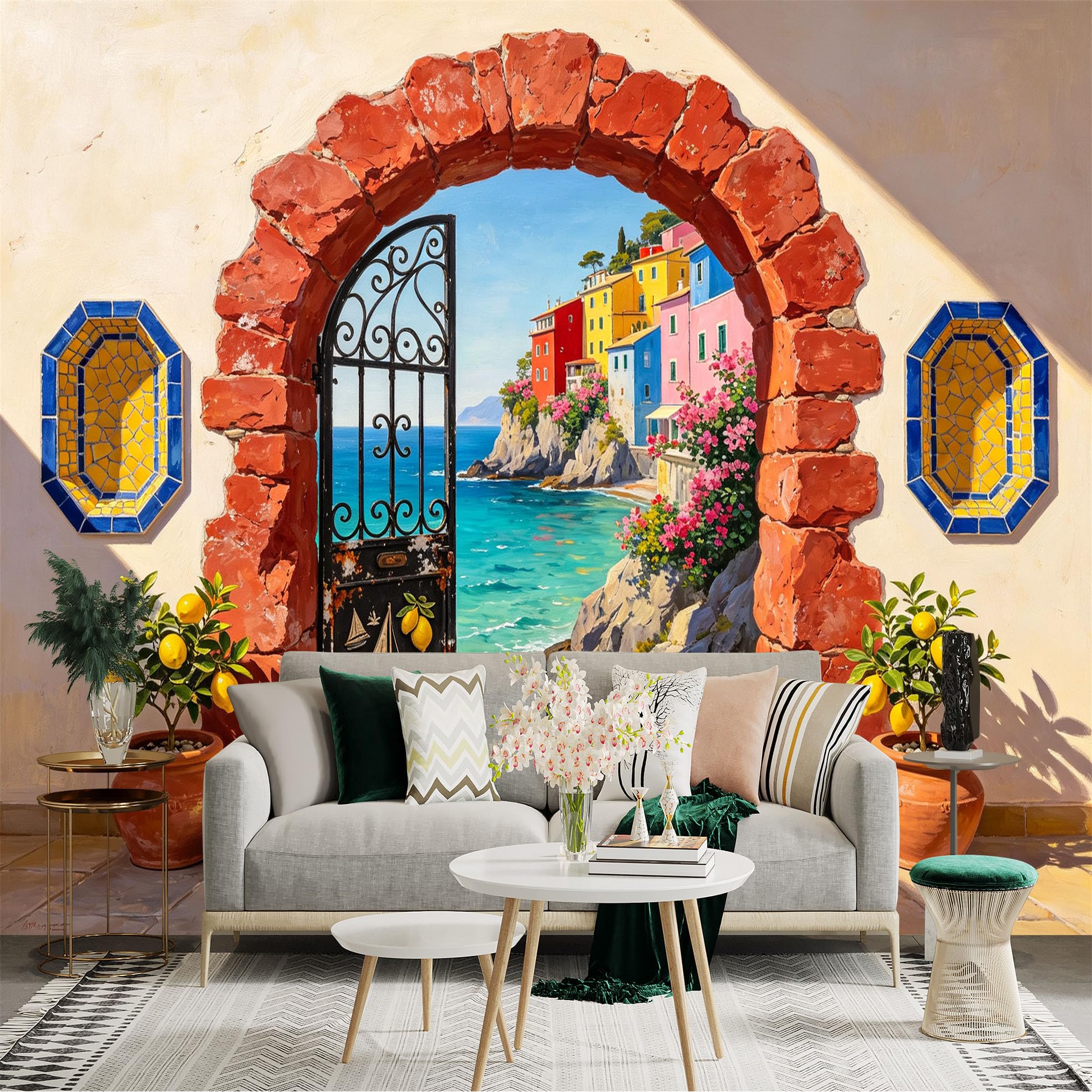 Custom Size Wall Sticker Mural， Mediterranean Coastal Village， Seaside Archway， Colorful Ocean Cliff Houses， for wall Decoration， peelandstick wall Decals.