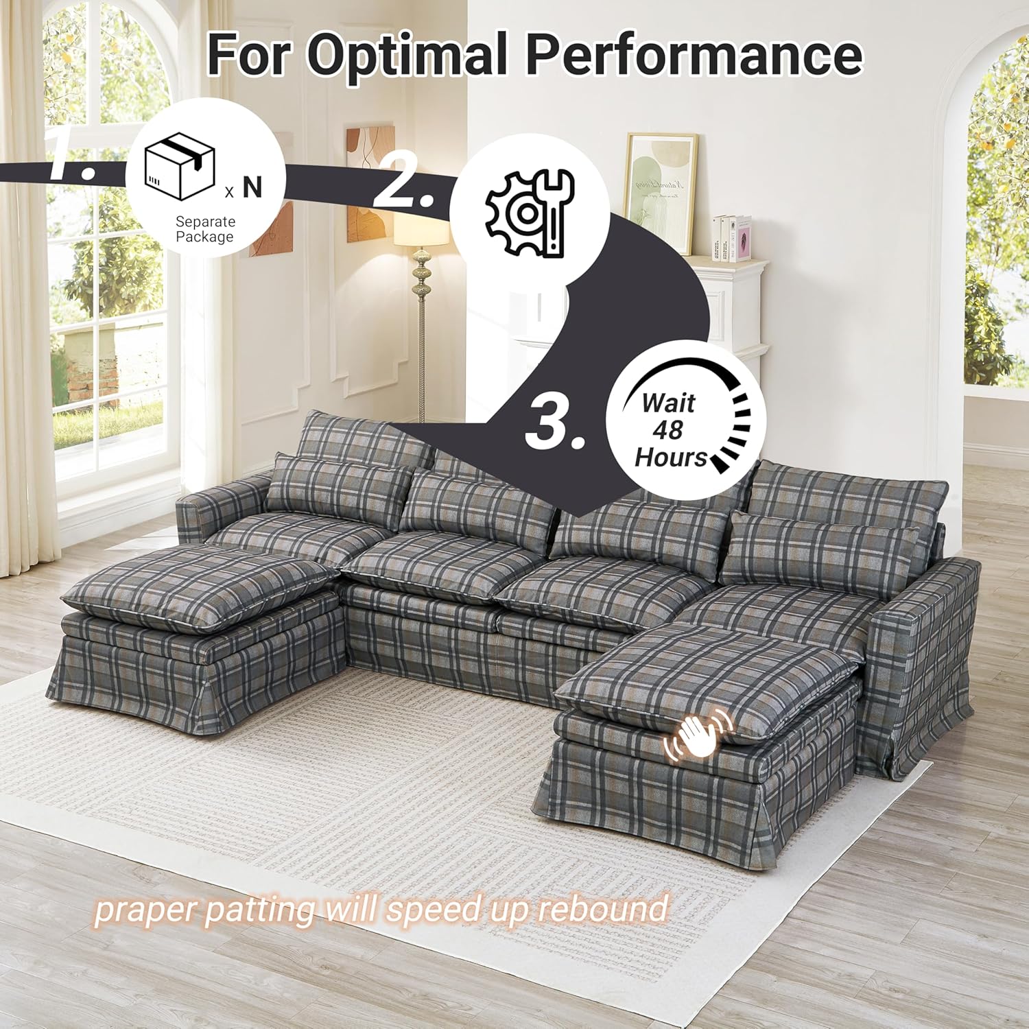 Sectional Couch Cover, Couch Covers for U Shape Sofa, Sofa Cover Washable, Furniture Protector Cover for 122″ Cushion Couch, Fabric, Grey Plaid
