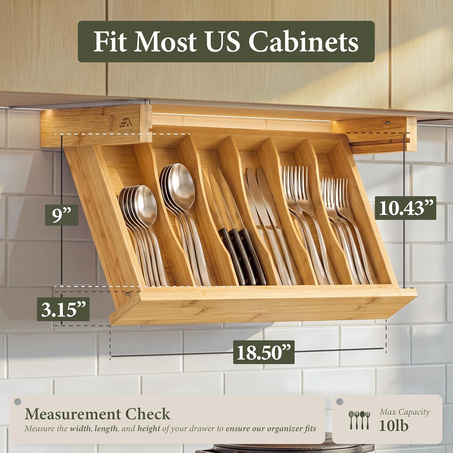 HOMESTEAD Bamboo Silverware Organizer, Under Cabinet Pull Down Storage image 3