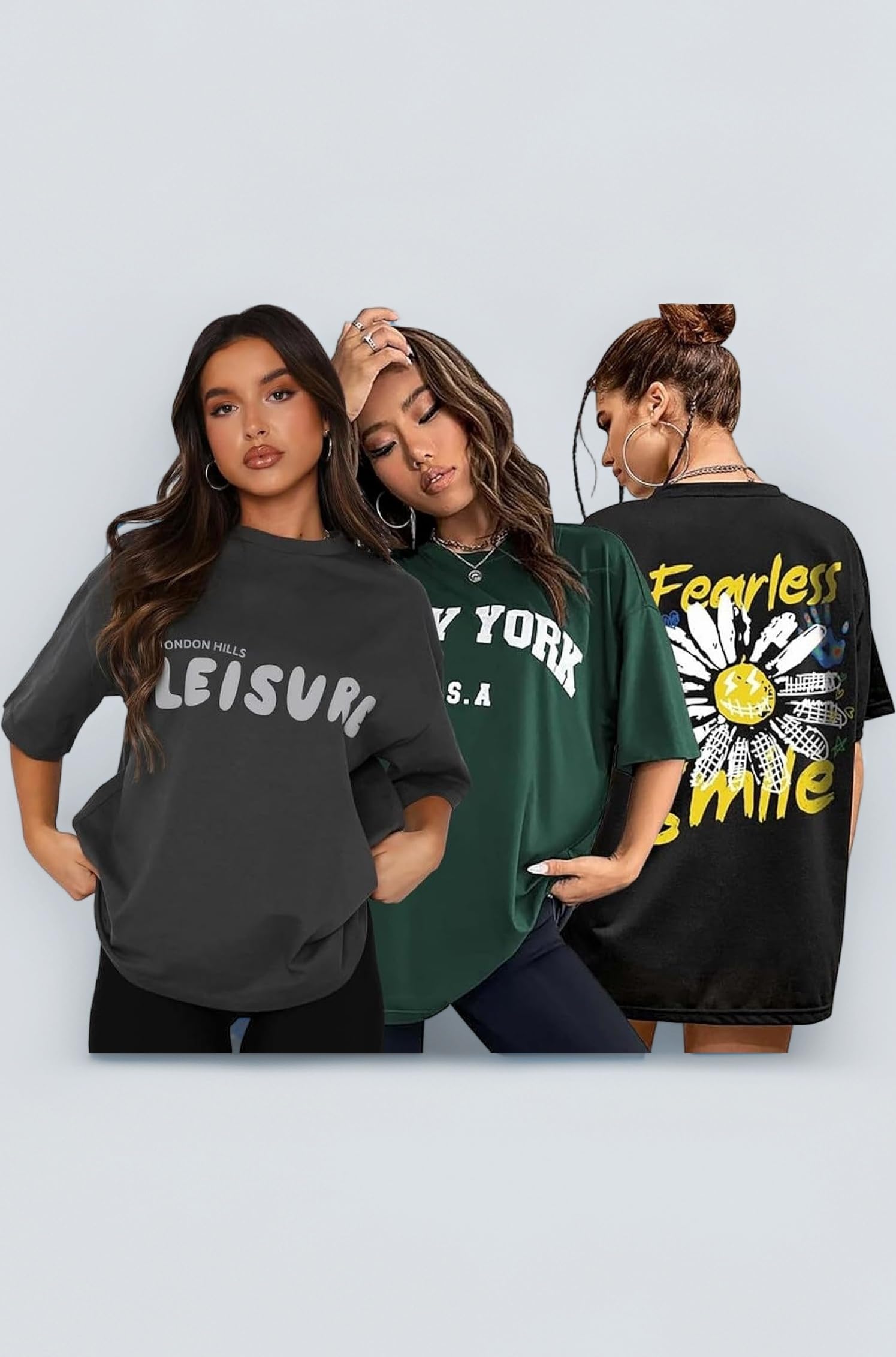 Women's Cotton Oversized Fit Printed Round Neck Oversized T-Shirt | Loose Fit Drop Shoulder T-Shirt Pack of 3