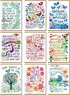 Christian greeting cards with Scripture, 9 in this pack of thinking of you cards religious, blank inside, hand drawn by British artist Jacqui Grace (Multicolored / CH438)