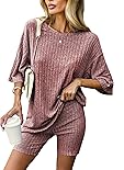 Ekouaer Pajamas 2 Piece Lounge Sets Ribbed Knit Matching Outfits T-shirt Biker Shorts Sleepwear Loungewear Sweatsuits Burgundy X-Large