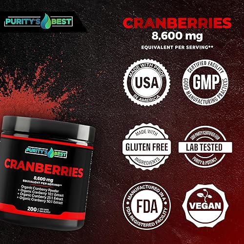 Miniatura 6 de Purity's Best Cranberry Organic Cranberries  200 cápsulas vegetales  Extracto de arándano de 8,600 mg de fuerza, apoyo eficaz de las infecciones