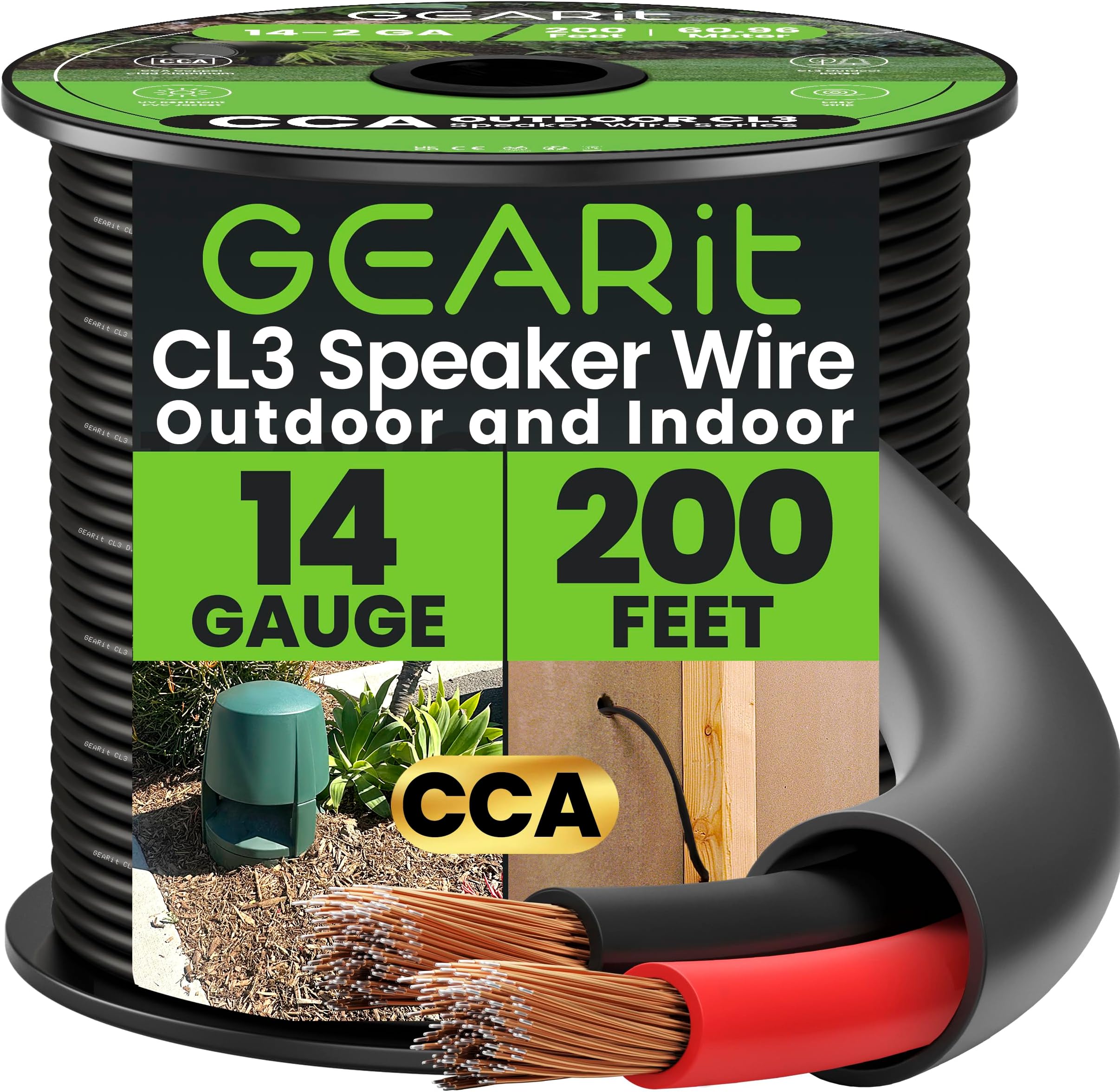 GearIT Outdoor Speaker Wire CCA 2x2.5mm≤ (60.96 Meters - Black) Copper Clad Aluminum - Hi-Fi Audio Cable for Direct Burial in Ground/in Wall / CL3 CL2 Rated / 2-Conductors - 14 Gauge AWG, 200 Feet