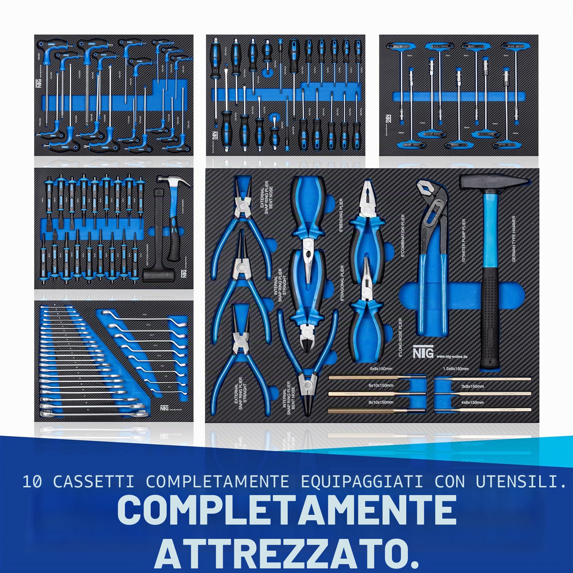 NTG Carrello portautensili XXL completo di utensili | 457 pezzi | +12 cassetti con serratura | 10 dei quali con utensili | Con inserti morbidi in carbon look | Carrello portautensili da officina