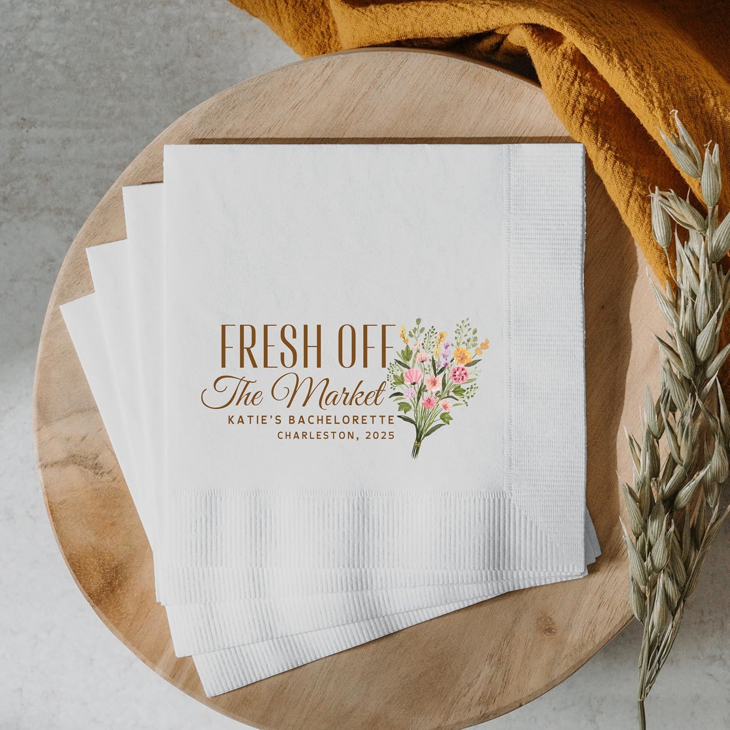 Fresh Off the Market Bachelorette Napkins Custom Bridal Shower Favors Personalized Farmers Market Theme Cocktail Napkins 50 pieces