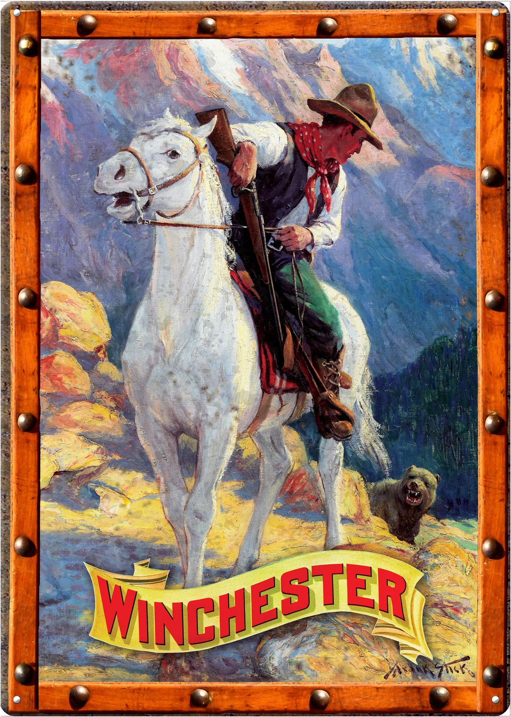 Rockin W W1019 Cowboy and Bear Tin Sign
