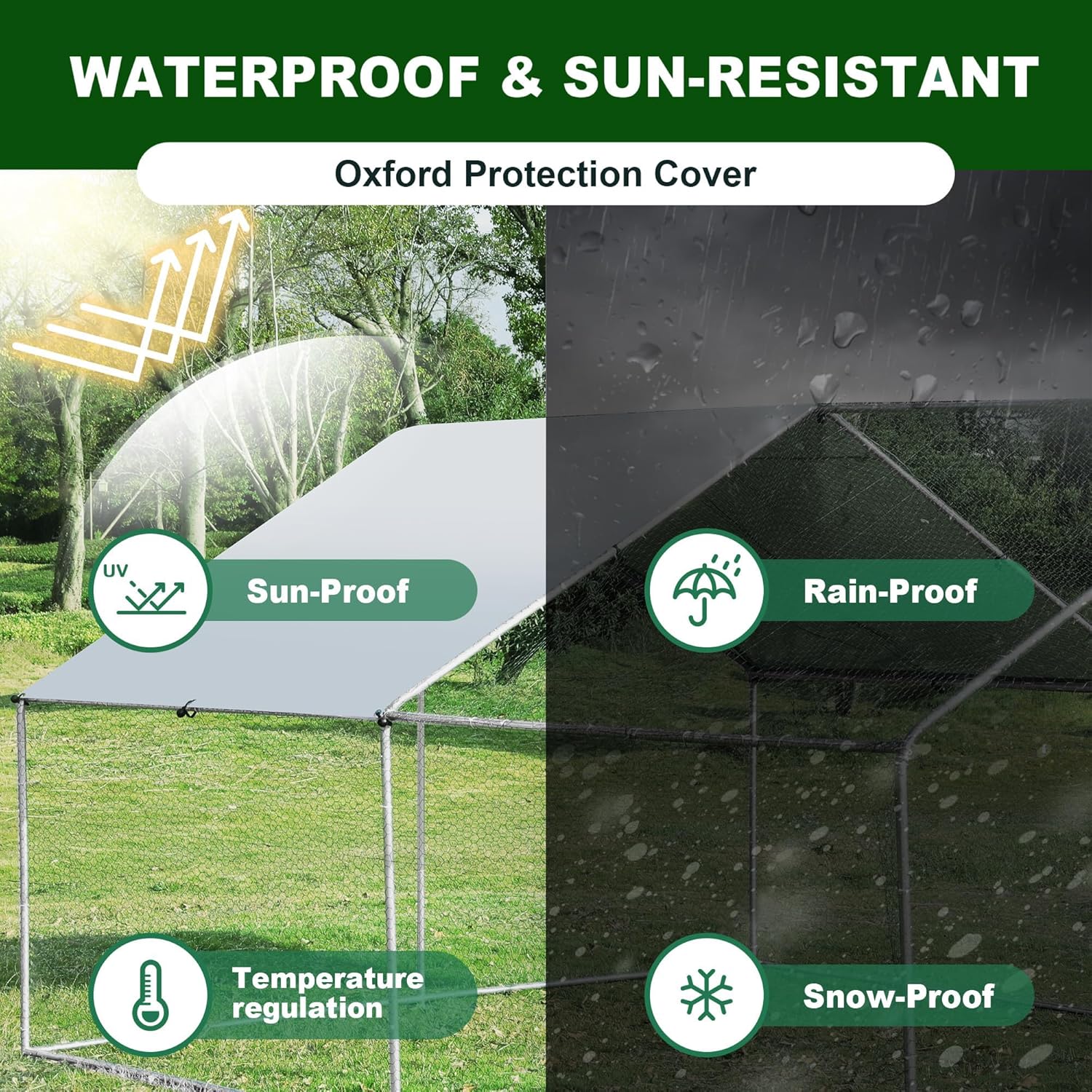 TOLEAD Large Metal Chicken Coop Upgrade Tri-Supporting Wire Mesh Chicken Run,Chicken Pen Walk in with Water-Resident and Anti-UV Cover,Duck Rabbit House Outdoor (Spire Roof 10’ W x 6.6’ L x 6.5’ H)
