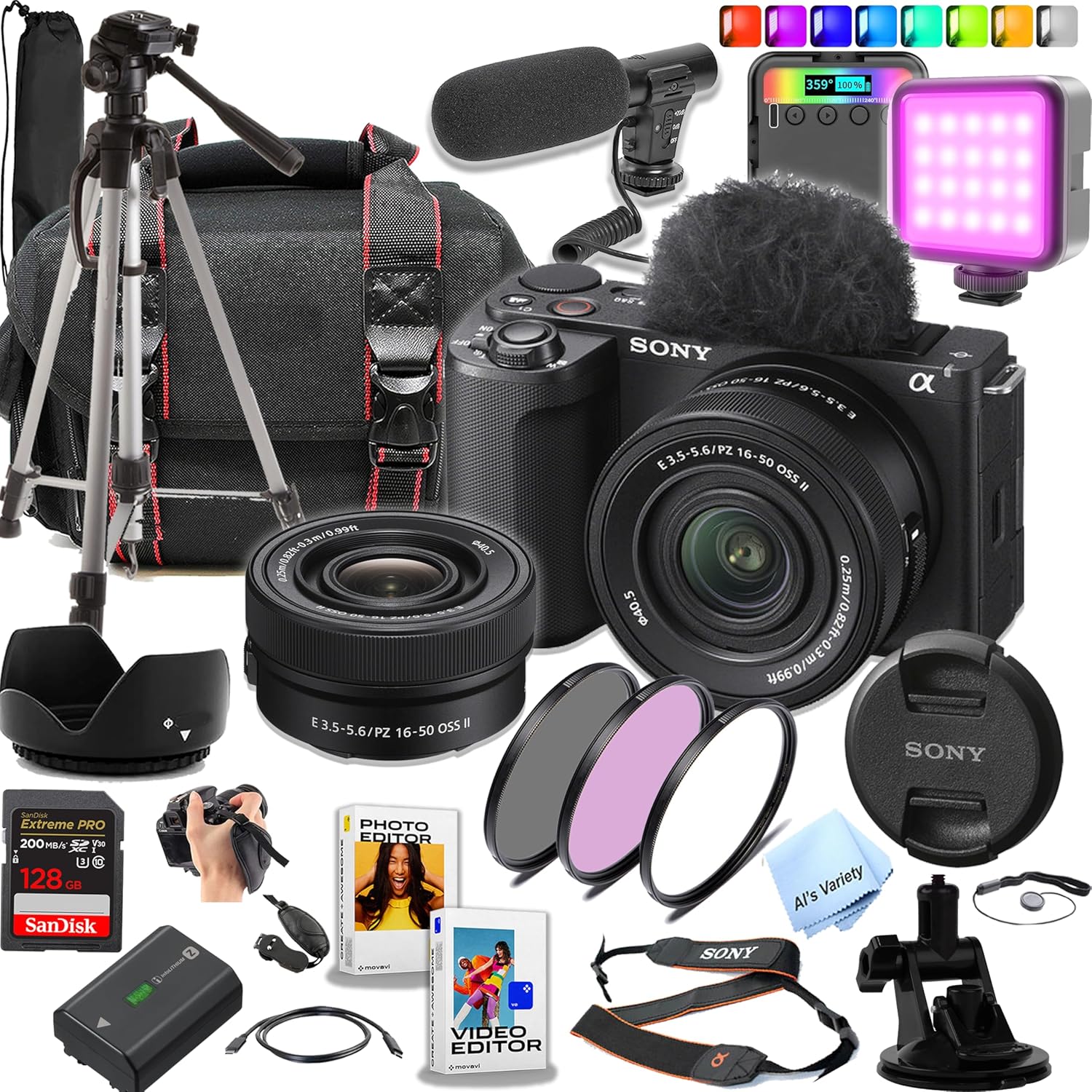 Sony ZV-E10 II Mirrorless Camera with 16-50mm Lens + 128GB Extreme Card + Case+ Microphone + RGB Video Light + Tripod + More (Content Creator Bundle)