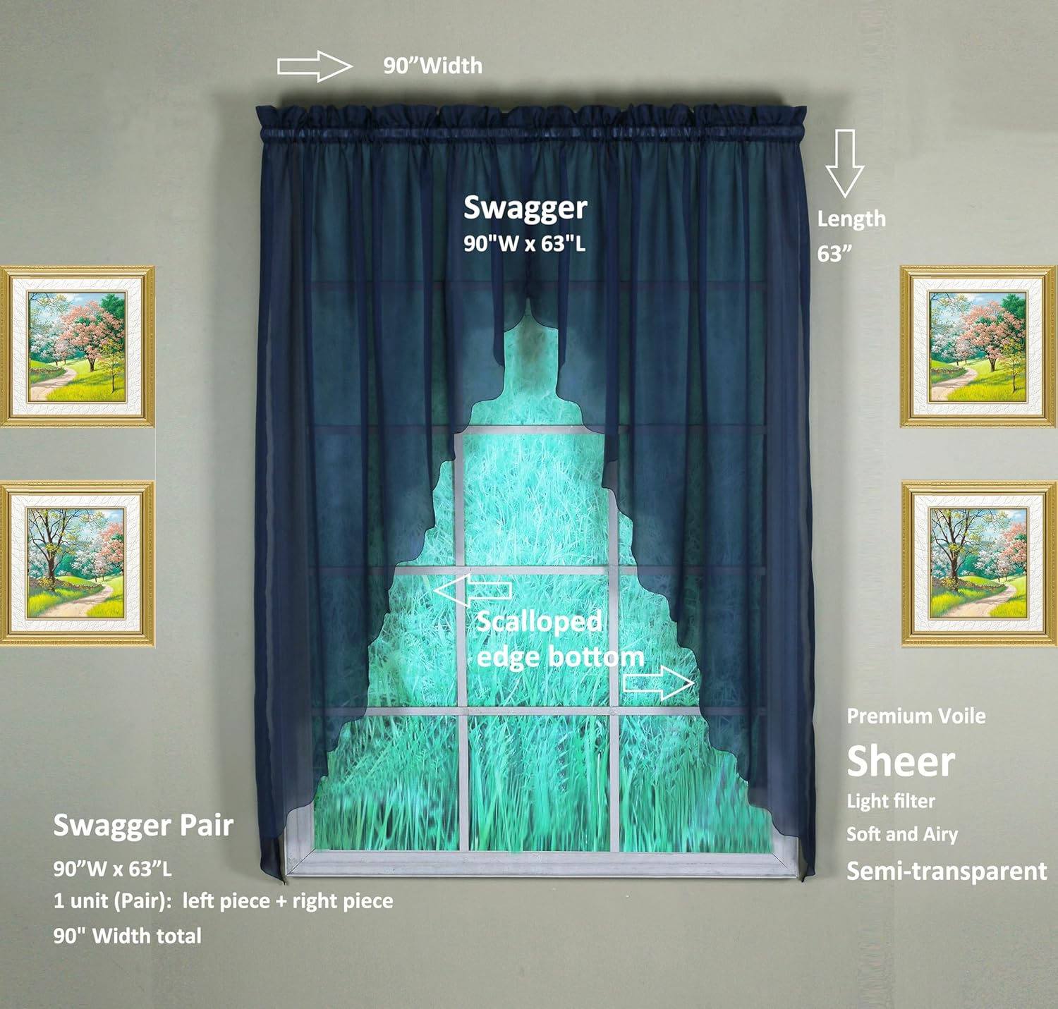 Today's Curtain Emelia Original Voile Swagger Pair 63", Navy, 90" W x 63" L