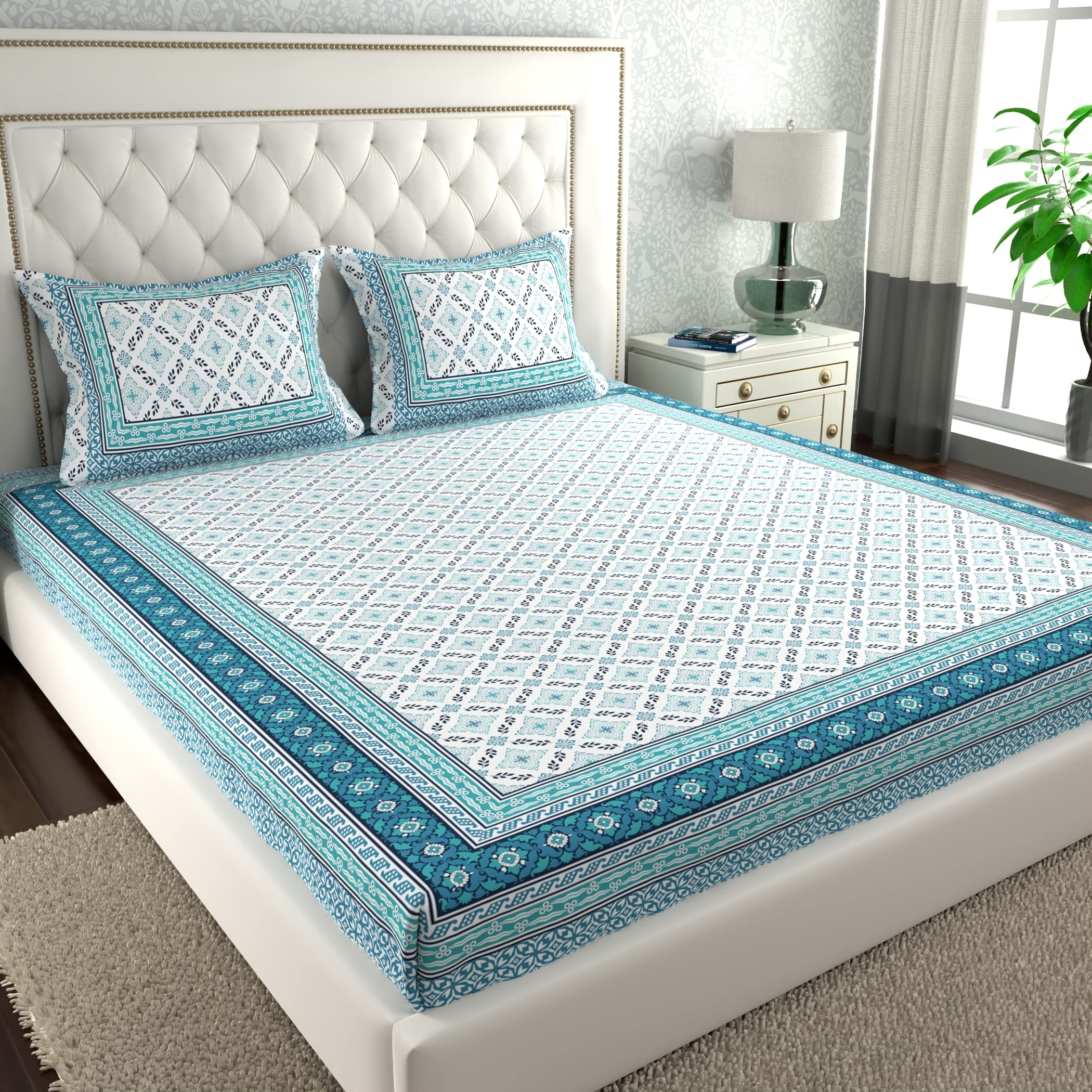 La Verne140 TC 100% Cotton King Size Jaipuri Rjasathani Print Bedsheet with 2 Pillow Covers (White-Blue) (B0BZWBTJGN) Amazon Price History, Amazon Price Tracker