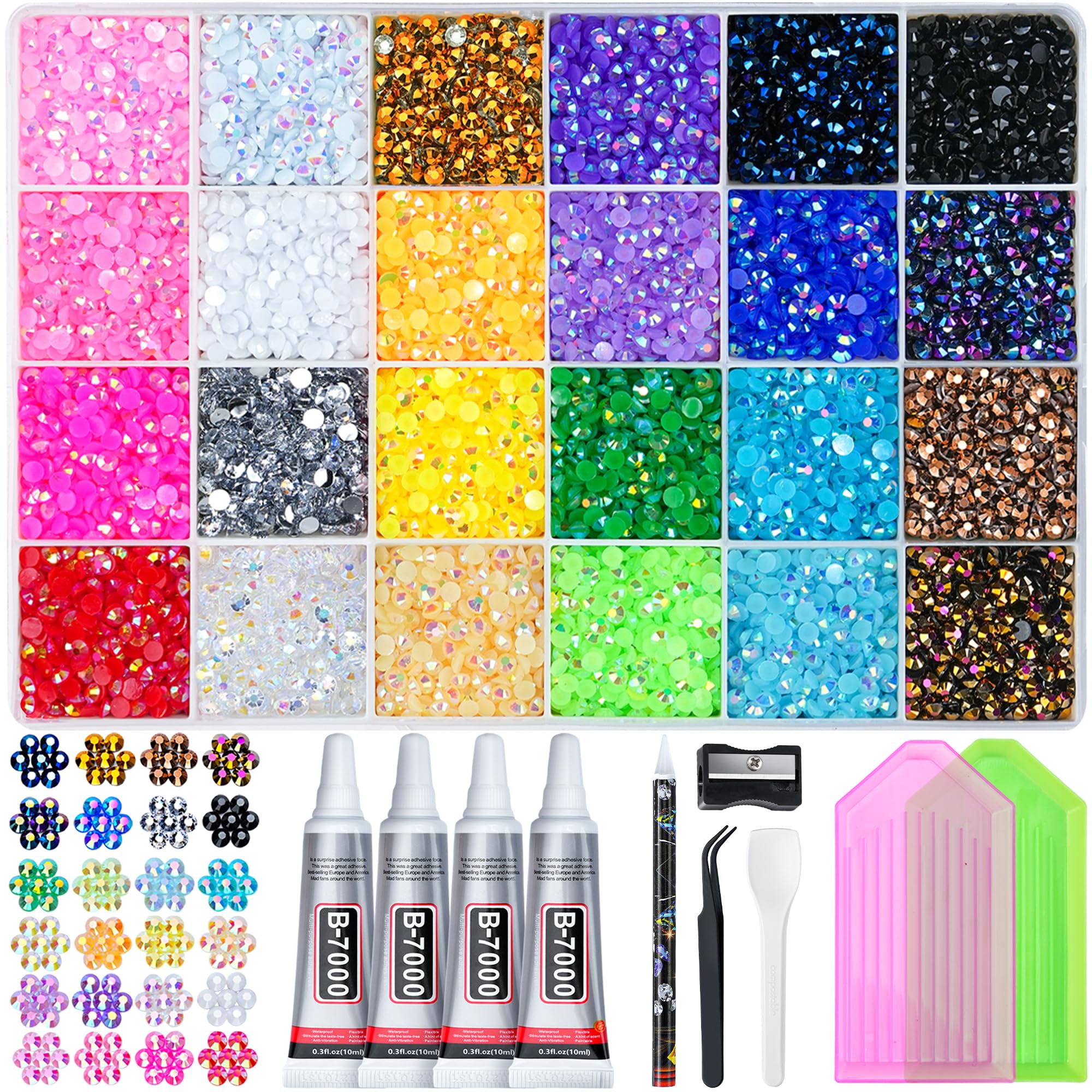 35000 Pcs Resin Jelly Rhinestones Kit, Multicolor 3mm Flatback Rhinestones with 4 Pcs B7000 Jewelry Glue & Tools, All-in-One Bedazzling Kit for DIY Arts & Crafts Mothers Day Gifts