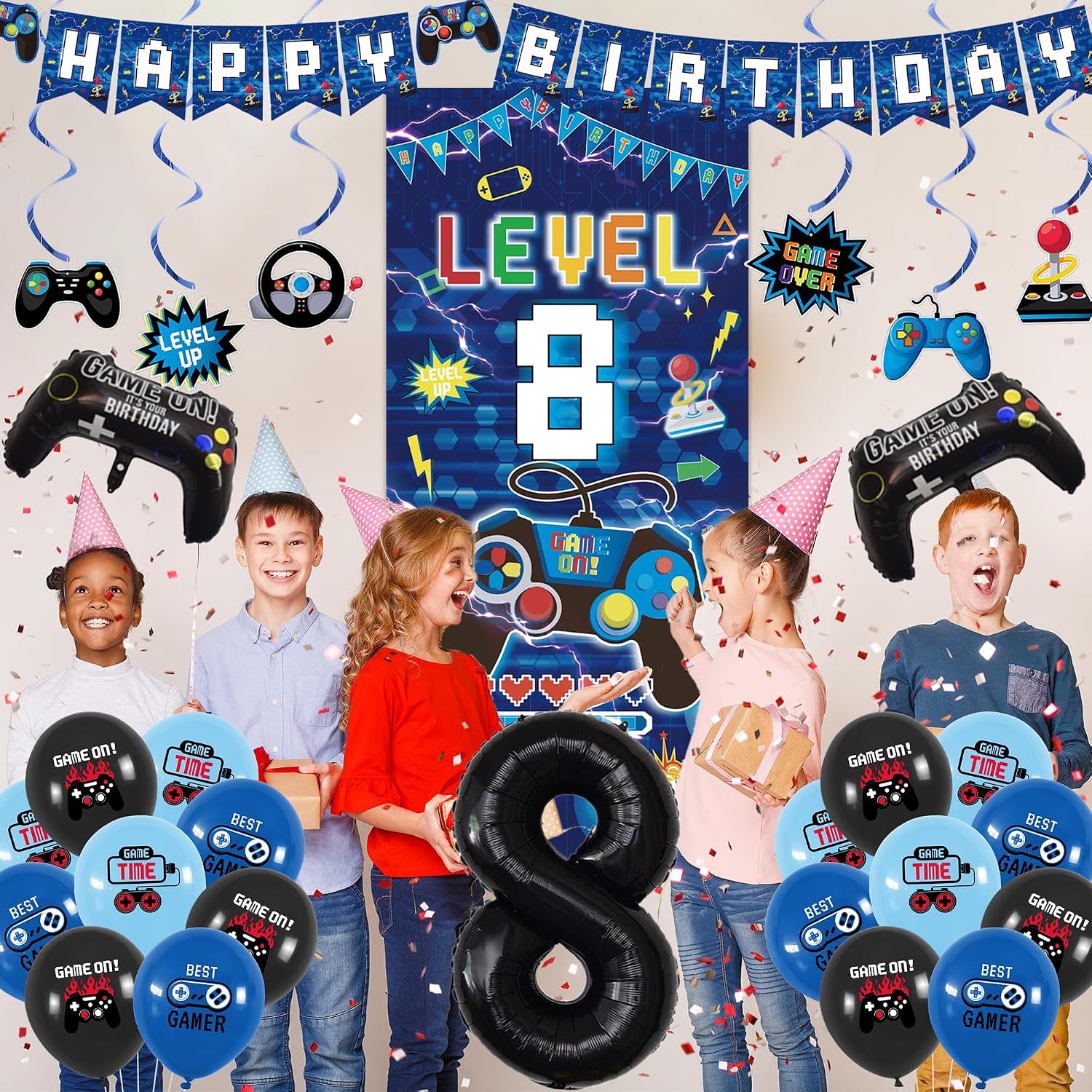 Vlipoeasn Blue 8th Birthday Decorations for Boys, Video Game Level 8 Banner Backdrop Hanging Swirls for 8th Birthday Party, Gamer 8 Years Old Party Supplies