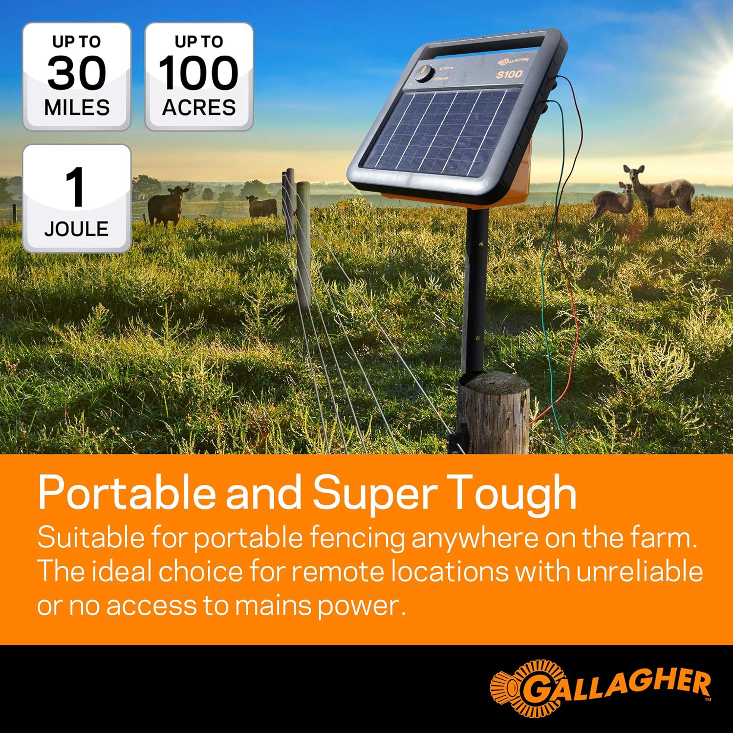 Gallagher S100 Solar Electric Fence Charger | Powers Up to 30 Mile / 100 Acres of Fence | Low Impedance, 1.0 Stored Joule Energizer | Battery Saving Technology | Solar Battery & Leadsets Included