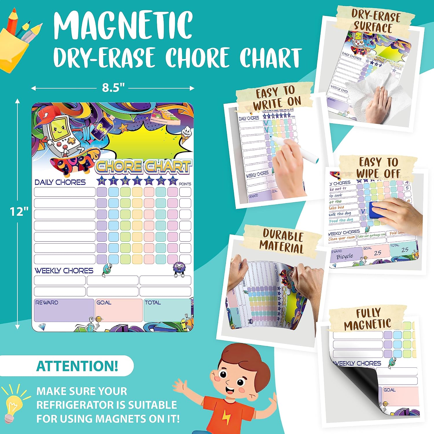 Magnetic Chore Chart for Kids 8.5x12 - Dry Erase Chore Chart Magnetic - Weekly Chore Chart for Kids Multiple Boys - Dry Erase Responsibility Chart for Kids - Magnetic Chore Chart for Refrigerator thumbnail
