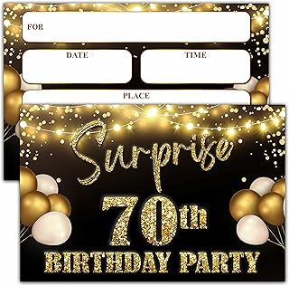YSTEP 70th Birthday Party Invitations, 20 Black Gold Invite Cards with Envelopes, 4"x6" Foil Balloon Birthday Invites - B13