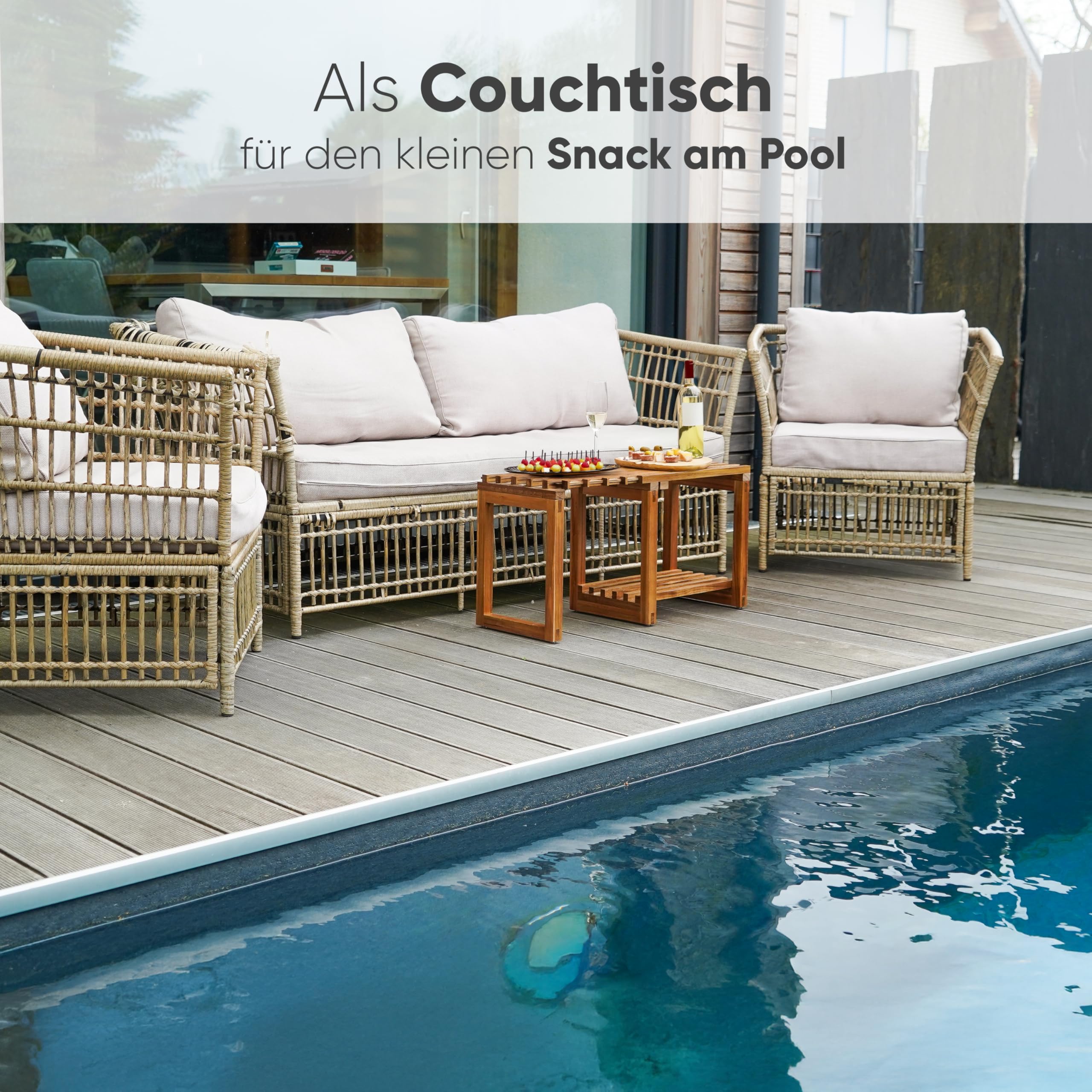 SVADA ausziehbarer Duschhocker aus Akazienholz - Duschbank Akazie mit Ablage - multifunktionale Saunabank - Hocker & Beistelltisch aus Holz für Badezimmer - Dusche - Balkon - Garten - outdoor - indoor