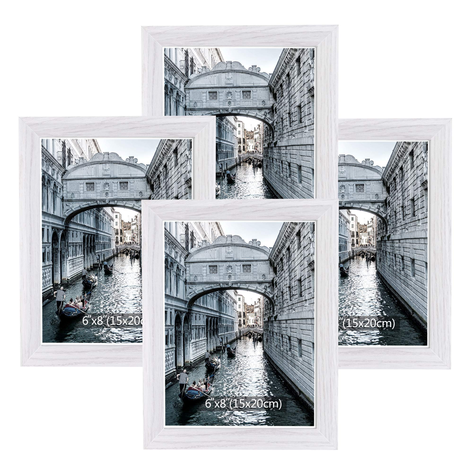 Metrekey Picture Frame 15 x 20 cm Set of 4 Wood White Vintage Glass Photo Frame Portrait Frame with Holder and Hook for Table Top and Wall Decoration