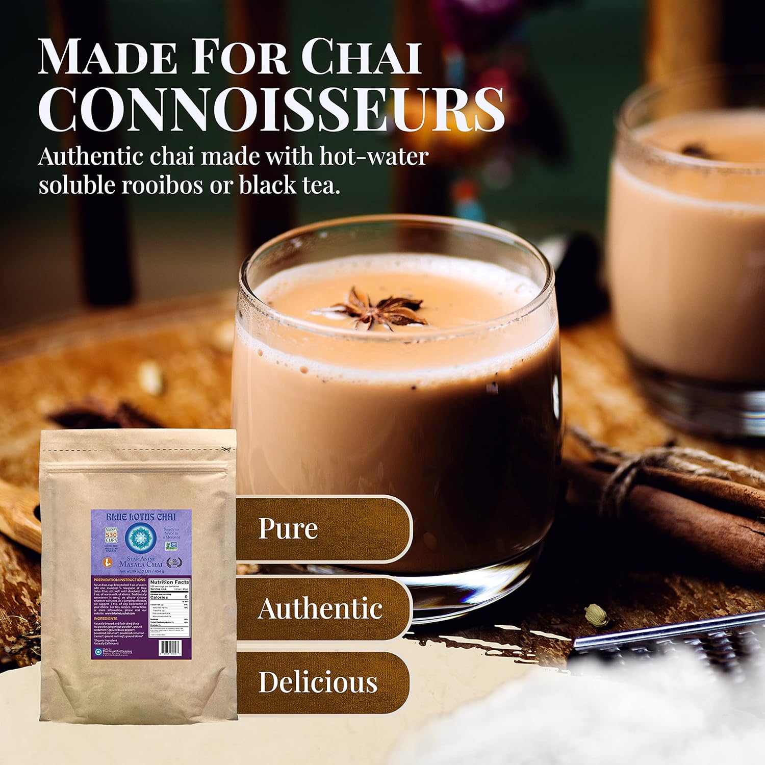 Blue Lotus Chai - Star Anise Masala Chai - Makes 530 Cups - 1 Pound Bulk Bag Masala Spiced Chai Powder with Organic Spices - Instant Indian Tea No Steeping - No Gluten