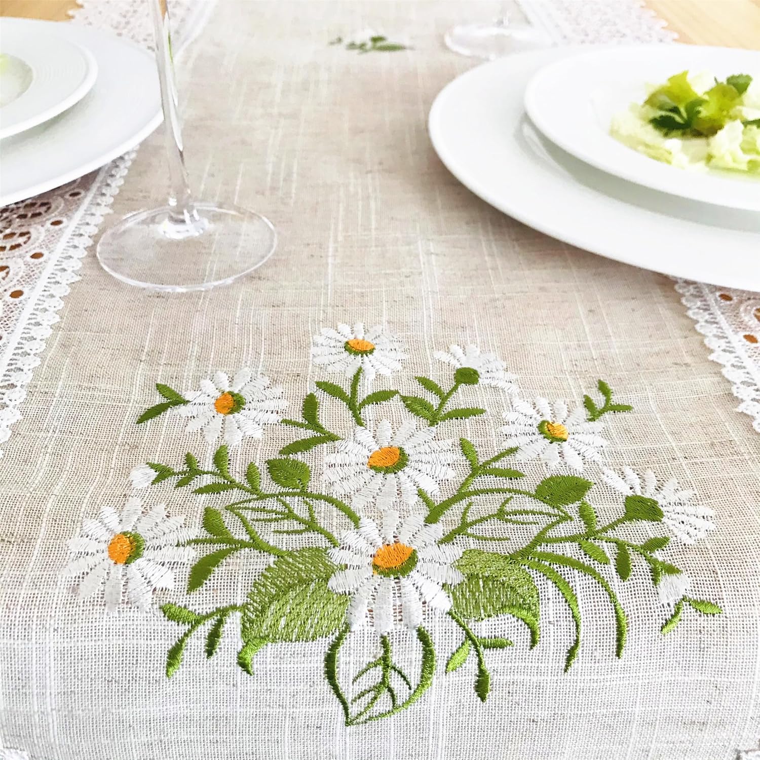 Lace Floral Embroidery Table Runner Elegant Durable Easy-to-Clean Everyday Special Occasions Festive Gatherings Decorative Dining Party Wedding Banquet Valentine's Day (18868/4, 14x67)