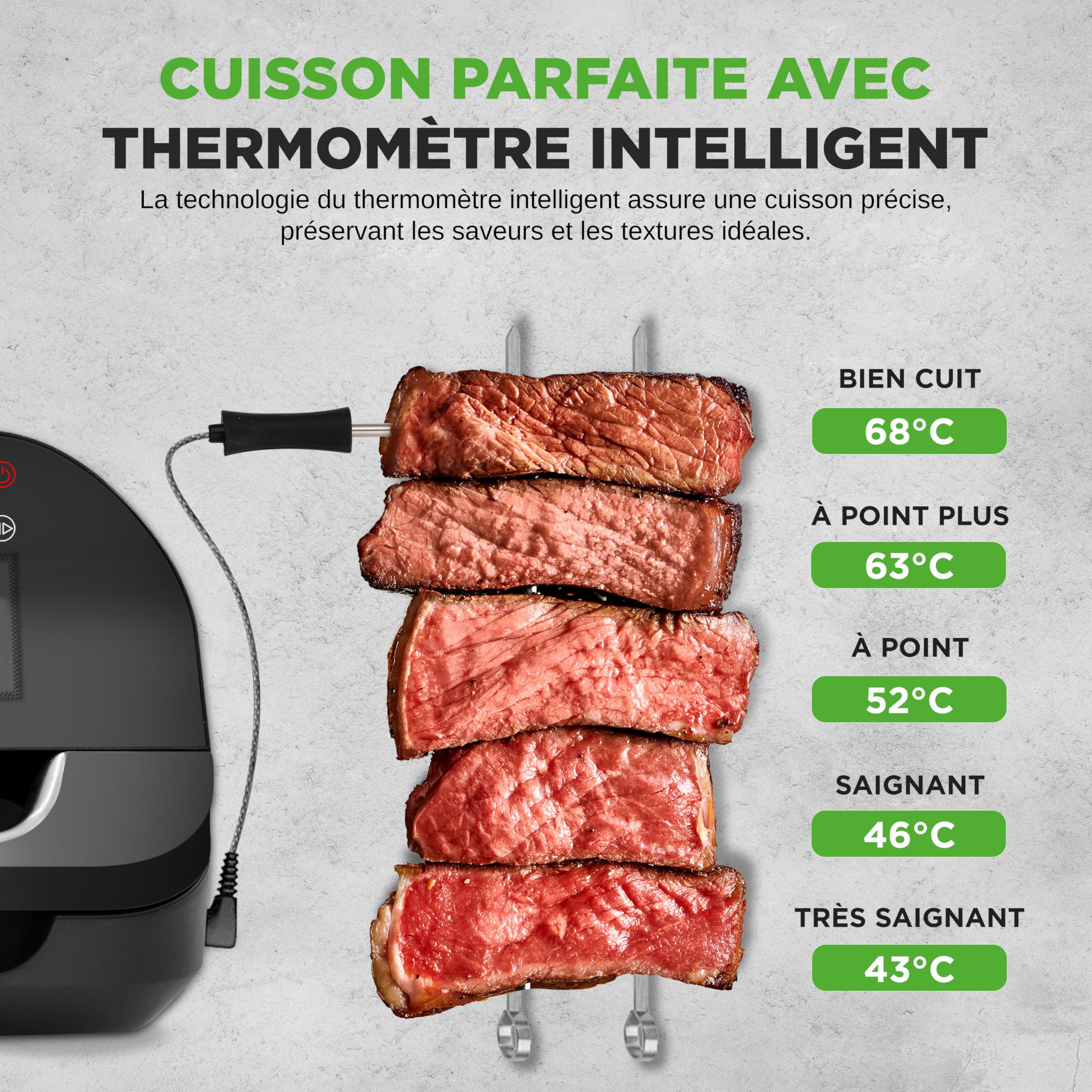 Nutrichef Gril Intérieur Sans Fumée – Friteuse à Air 6L avec Thermomètre Intelligent, 7 Fonctions de Cuisson, Contrôle Précis de la Température, Cuisson Saine et Polyvalente