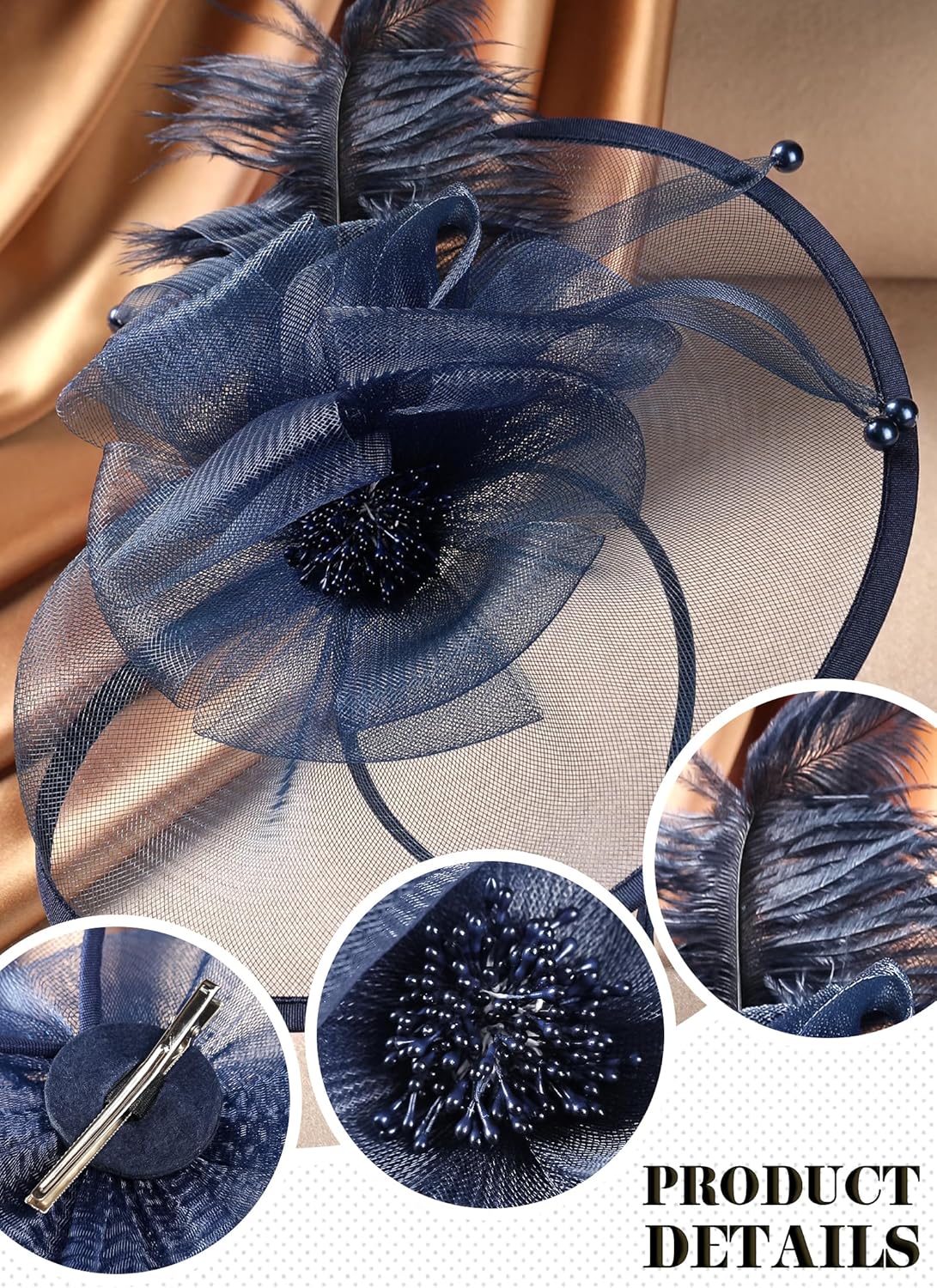 Feather Tea Party Fascinator - 2026 Derby Hat with Hairpin, 1920s 50s Hats for Women, 11.81 “x9.84” - Image 3
