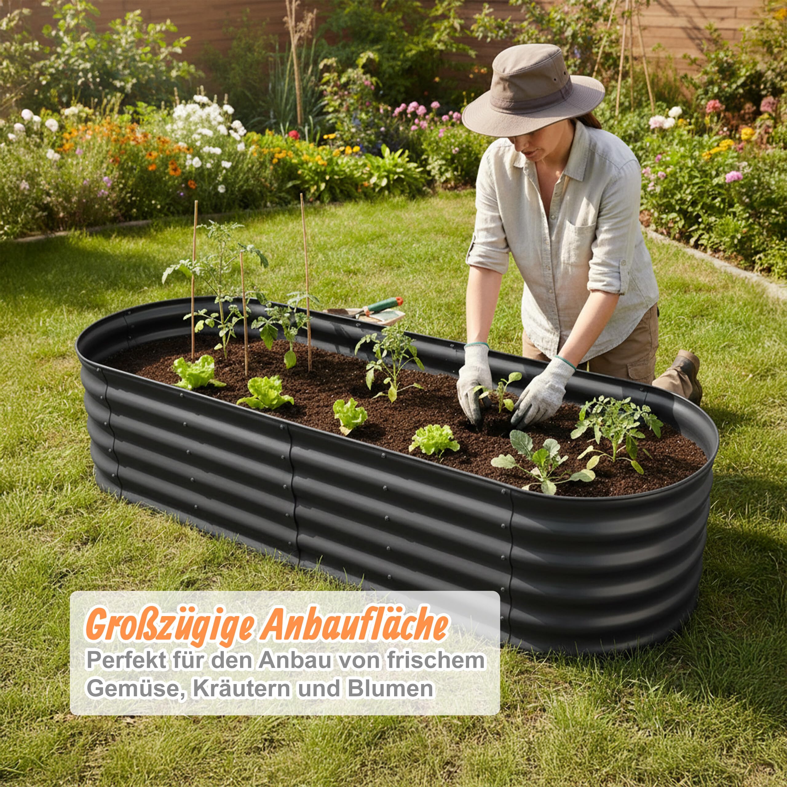 Relaxdays Hochbeet, verzinktes Metall, Blumen, Pflanzen & Gemüse, HBT: 45x150x60 cm, ovales Pflanzenbeet, Farbauswahl