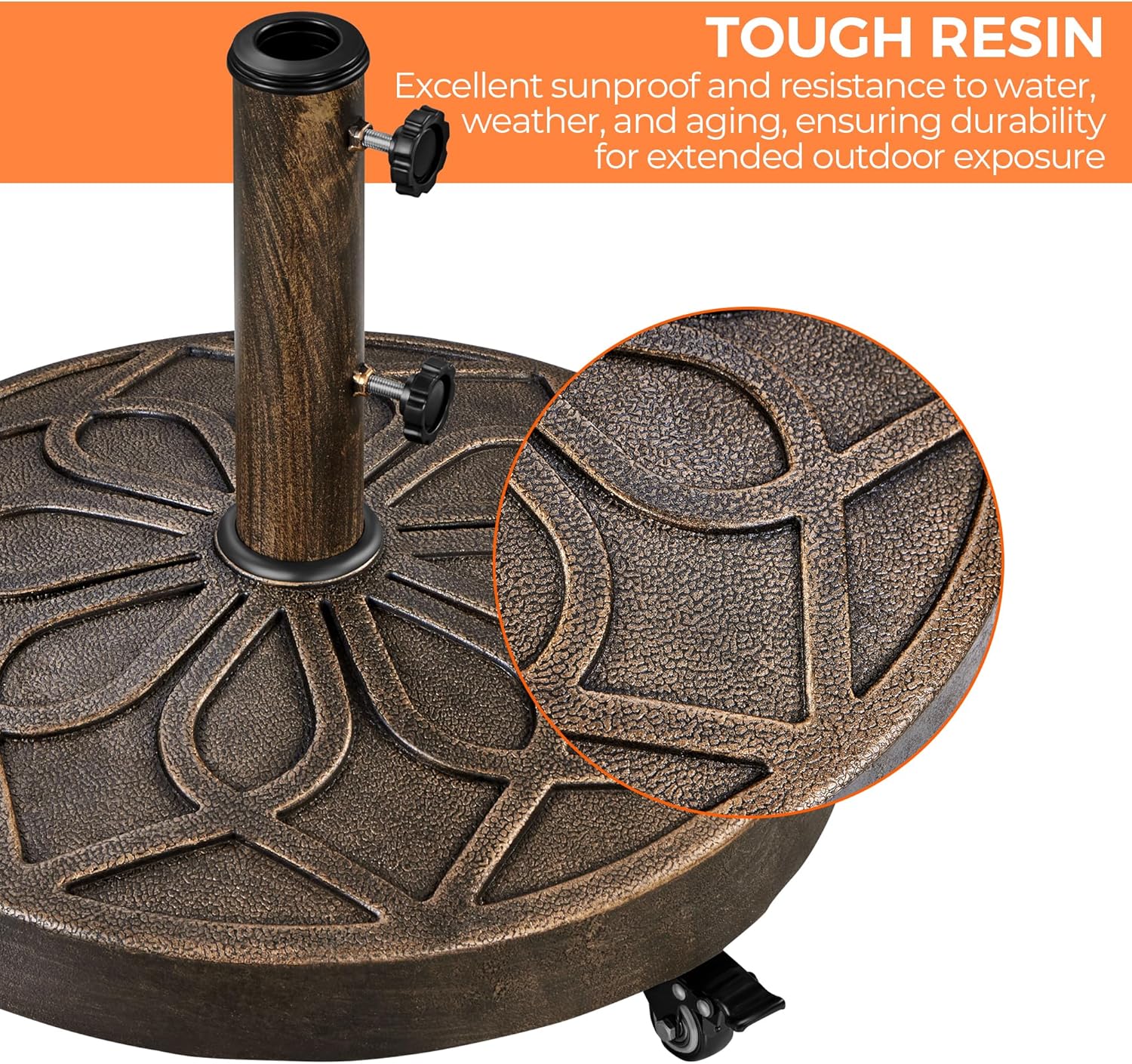 Yaheetech 45lbs Heavy Duty Round Umbrella Base with 4 Lockable Rolling Wheels & 2 knobs, Outdoor Antiqued Umbrella Stand, 20” Market Patio Umbrella Base for Garden, Yard, Lawn Bronze