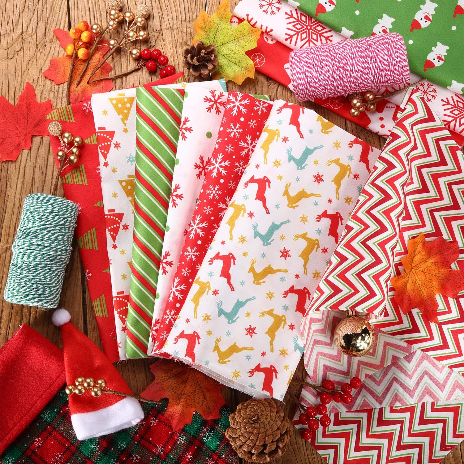 Tatuo 10 Pieces 20x20inch Christmas Fabric Squares Christmas Cotton Quilting Fat Quarters by The Yard Snowflake Print Red Green Precut Patchwork Fabric for DIY Xmas Sewing Crafting