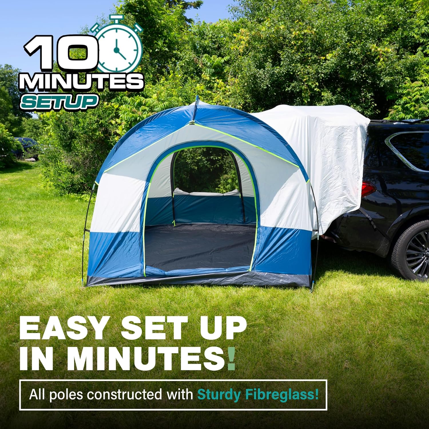 Universal SUV Camping Tent - Up to 8-Person Sleeping Capacity, Includes Rainfly and Storage Bag - Car Tailgate Glamping Tent - 8'W x 8'L x 7.2'H Gray and Blue