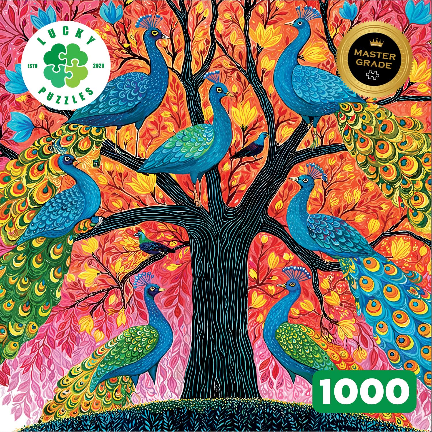 Lucky Puzzles - The Peacock Tree - 1000 Piece Jigsaw Puzzle for Adults | Colourful Tree of Life Puzzle with Peacocks | Unique Nature Artwork | Premium Brain Teaser for Puzzle Lovers