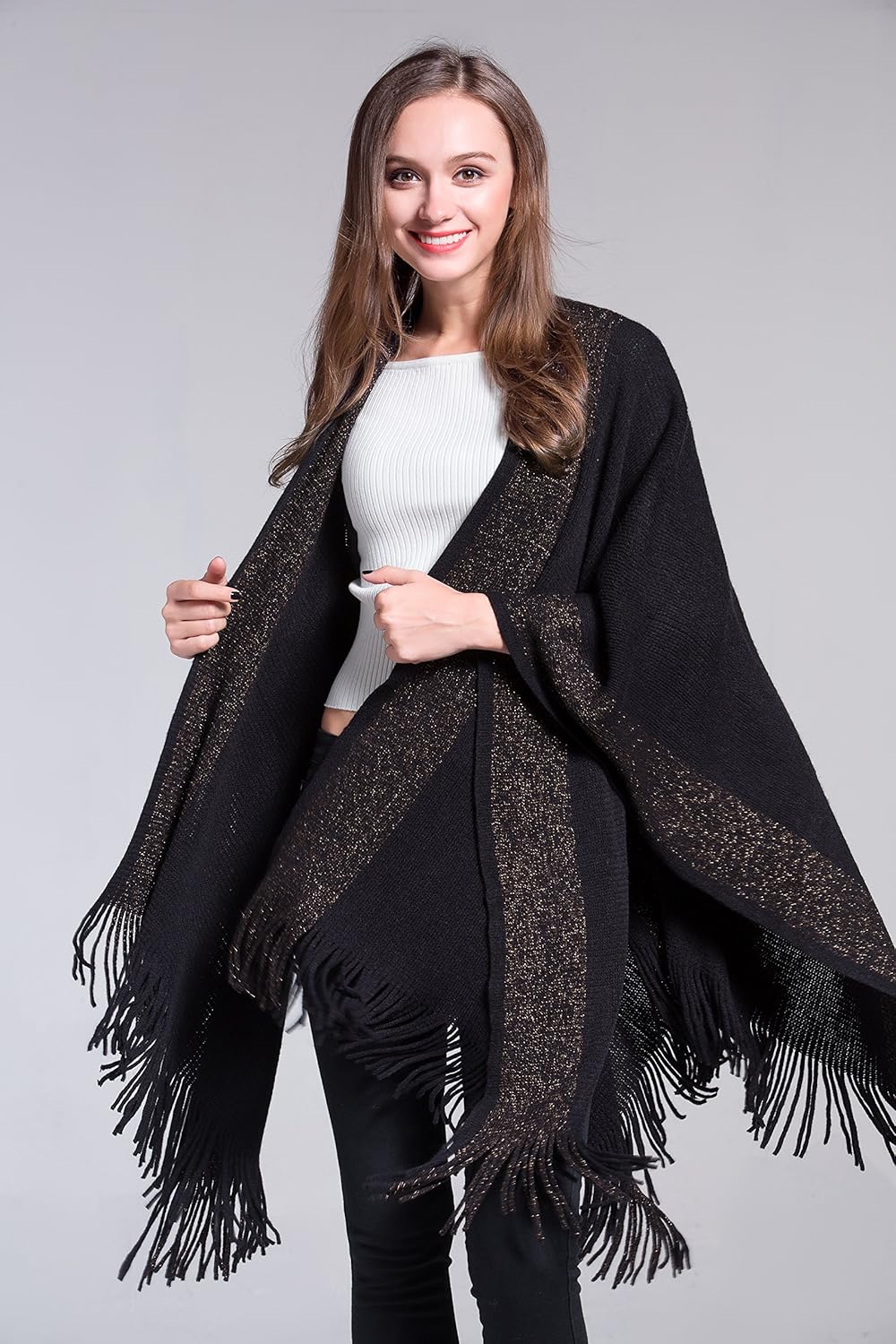 ZLYC Women's Shawl Golden Trim Knit Blanket Wrap Fringe Poncho Coat Cardigan - Image 2