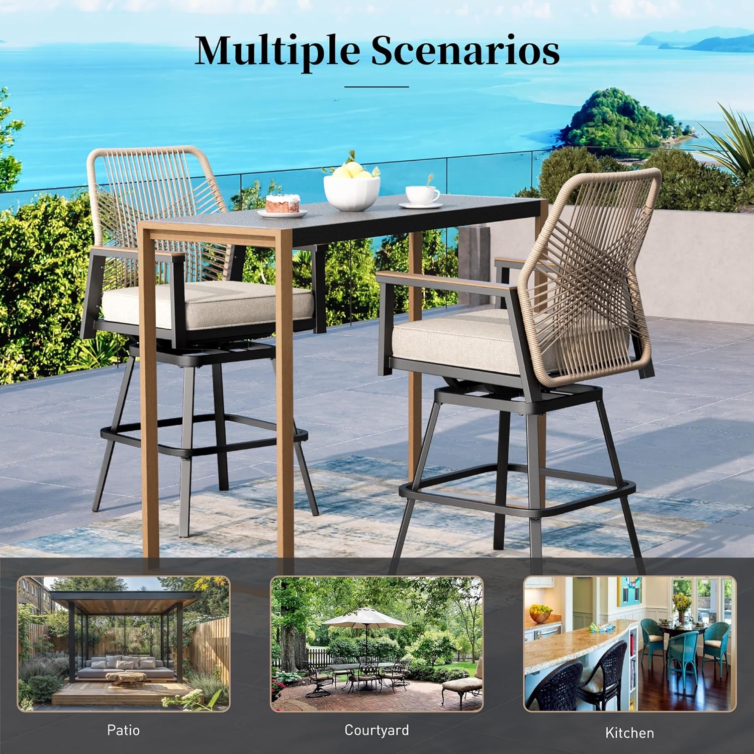 SUNSHINE VALLEY Outdoor Swivel Bar Stools Set of 2, Rattan High Top Patio Chairs with Waterproof Cushion and Armrest, All-Weather Bar Height Furniture for Outside Patio Balcony and Pool, Beige