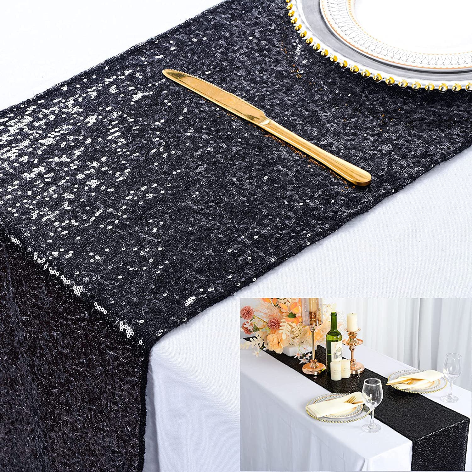 KASTWAVE Sequin Table Runner 12x72 inch Glitter Fabric Table Linens Runner Fabric Decorations for Holiday Wedding Birthday Outdoor Party Decor(Black)