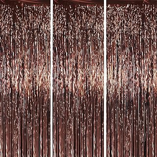 3 Pack 3.3 x 6.6 ft Brown Foil Fringe Backdrop Curtains, Tinsel Streamers Party Decorations, Fringe Backdrop for Birthday, Baby Shower, Gender Reveal, Graduation