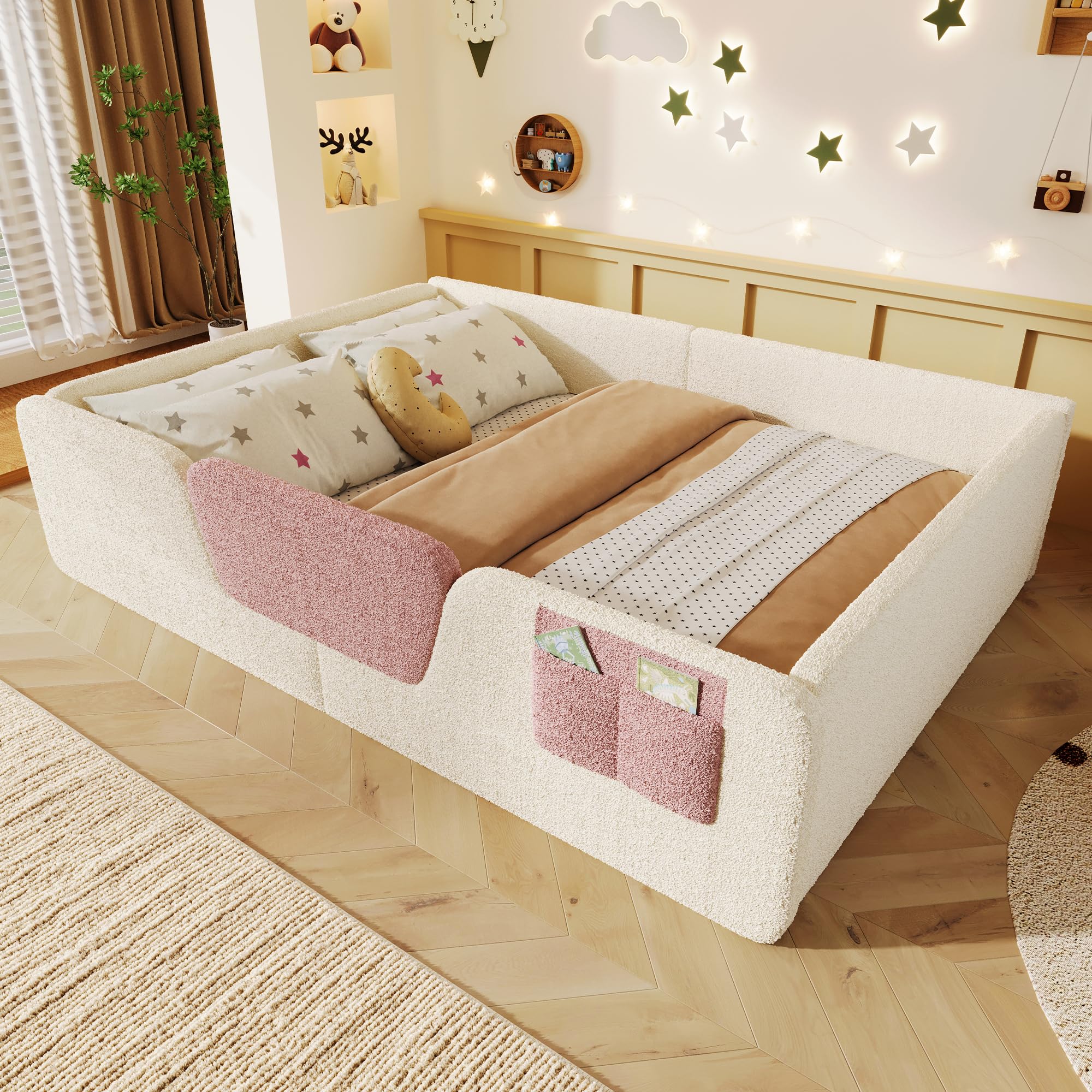 Montessori Letto a Terra per Bambini 140x190cm, Letto Piazza e Mezza per Bambini con Borsa Portaoggetti in Tessuto e Sponde di Sicurezza Removibili, Letto imbottito in Velluto(Senza Materasso) Beige