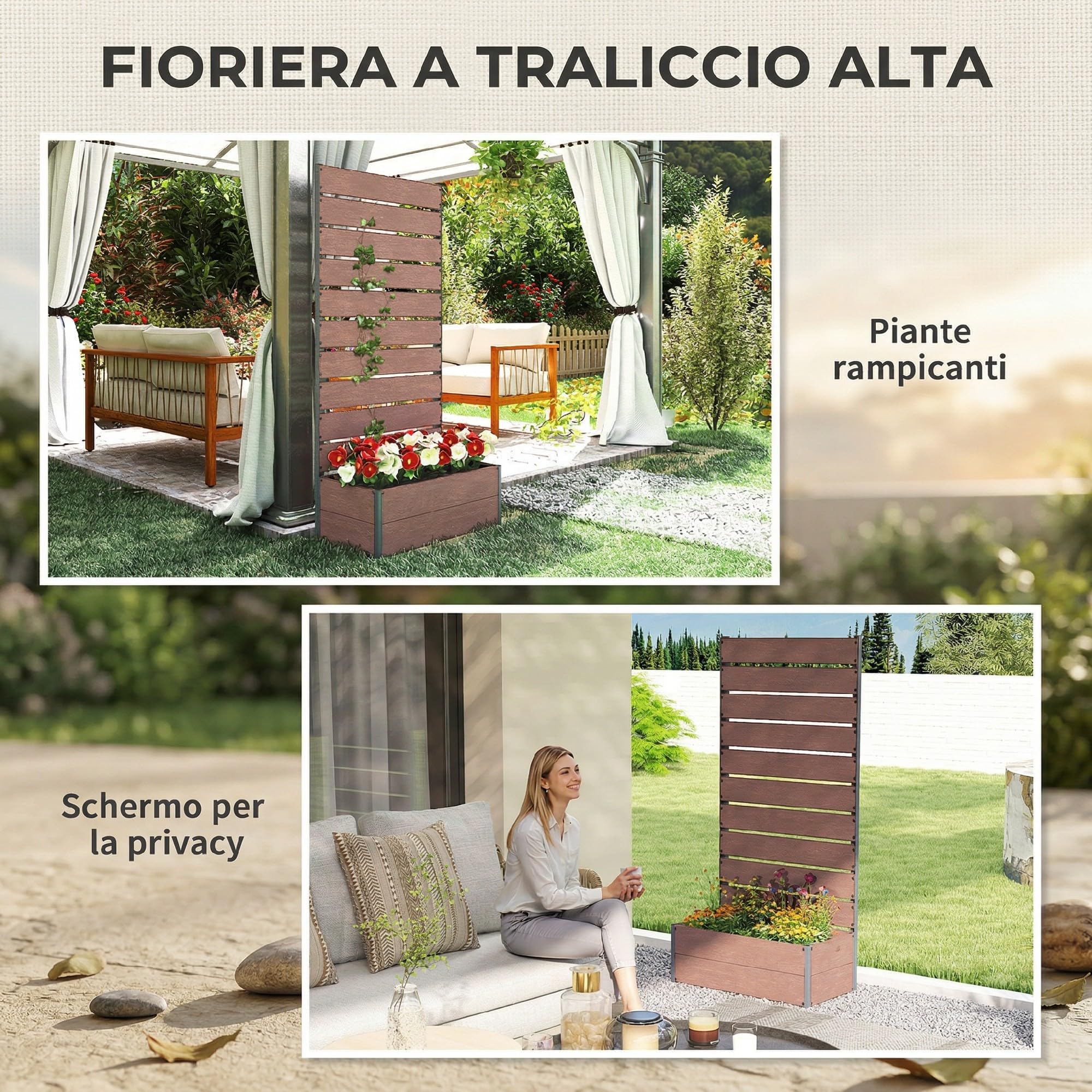 Outsunny Fioriera da Esterno con Spalliera a Doghe, Aiuola Rialzata per Piante Rampicanti con Grigliato, 72x38x150 cm, Marrone Chiaro