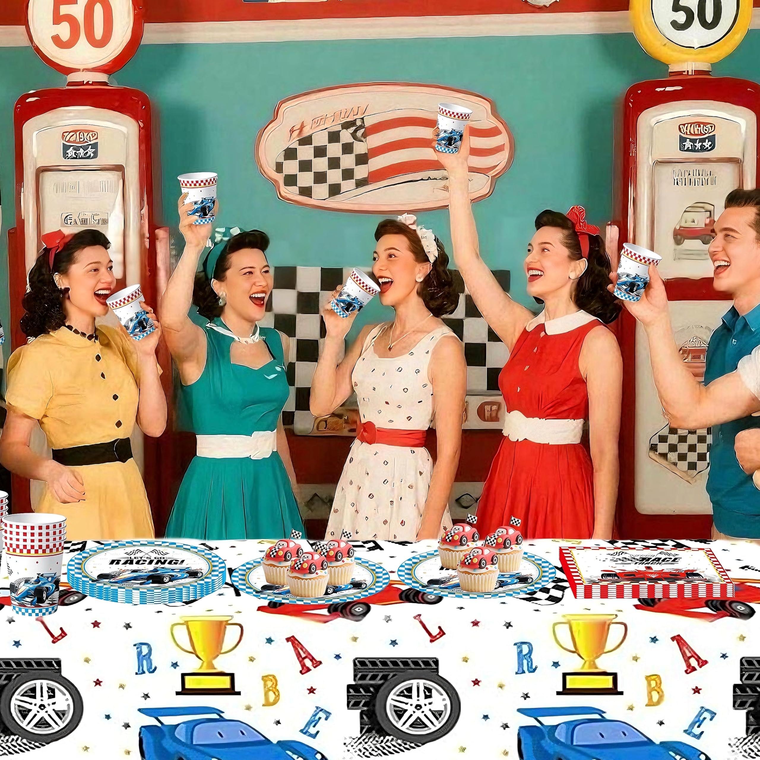 Decoración Fiesta Coches Cumpleaños Kit Fiesta Cumpleaños Coches De Carreras Para 20 Invitados - Platos, Vasos, Mantel, Bandera A Cuadros Kit Fiesta Coches Carreras