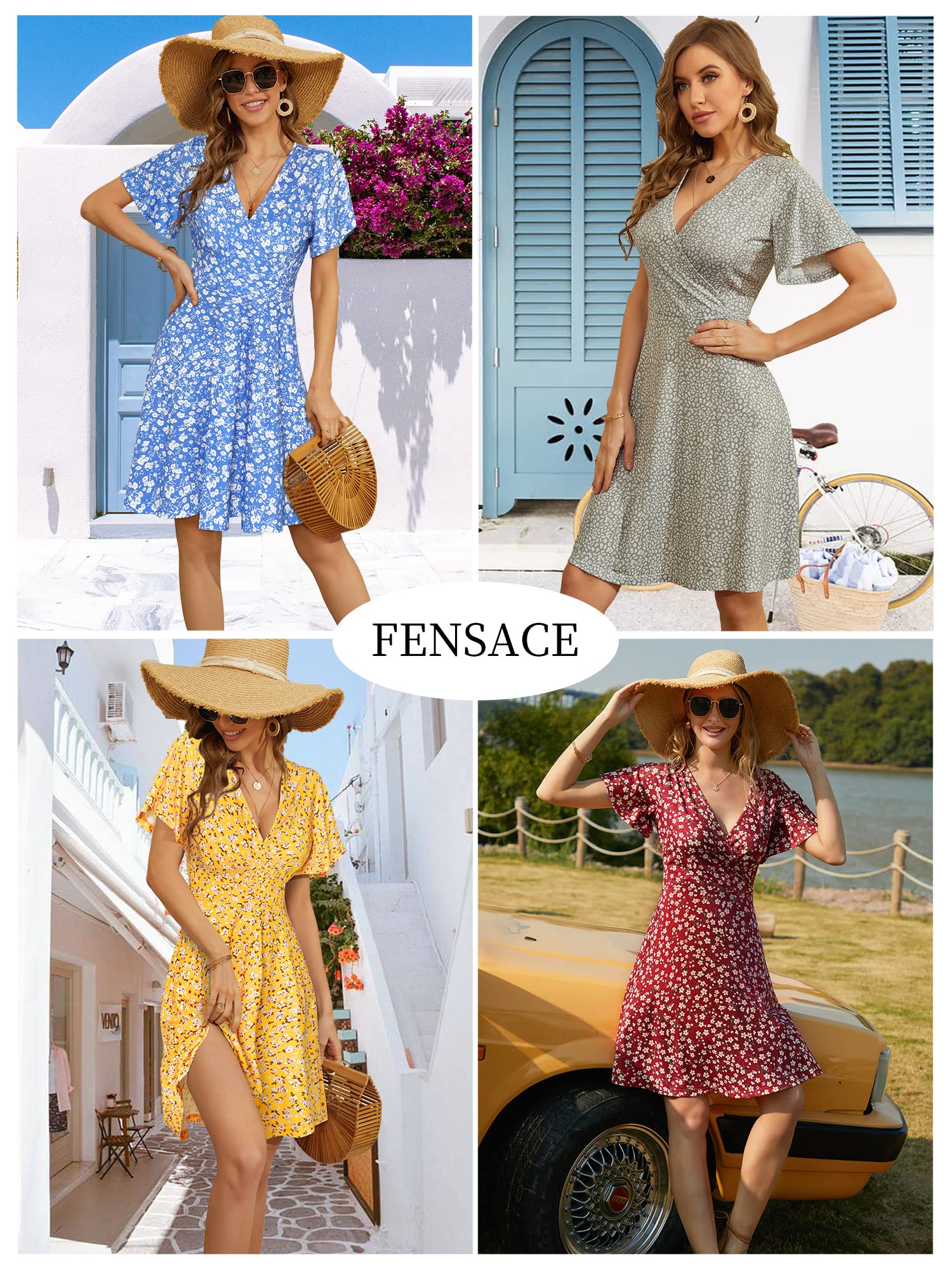 FENSACE Womens Sundress Summer Floral Short Sleeve Wrap V Neck A-Line Midi Dress - Image 4