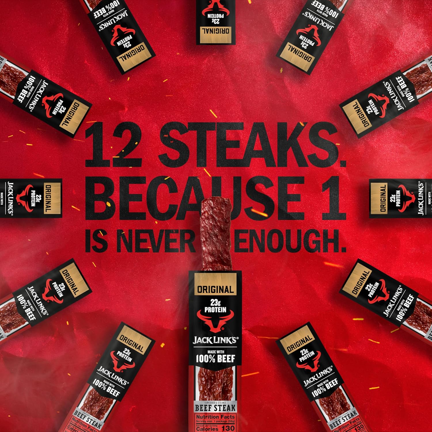 Jack Link's Beef Steak, Original - Protein Snacks, Beef Jerky Meat Snack with 23g of Protein, Made with 100% Beef, Individually Wrapped Bulk Snack Pack, Keto Friendly - 2 Oz. (12 Count)