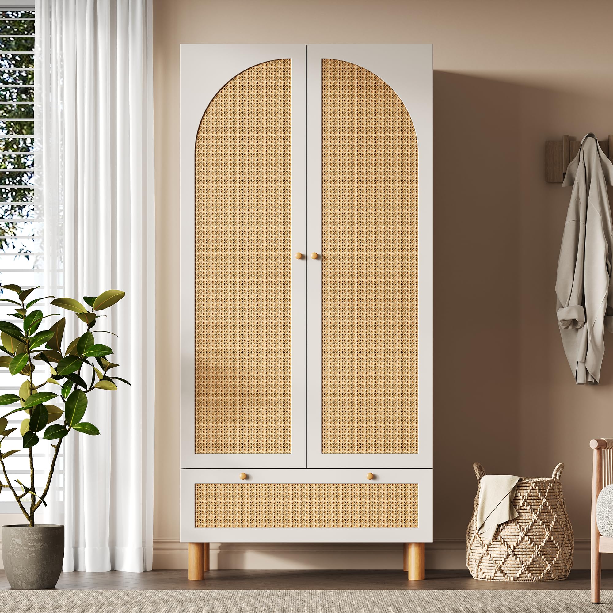 Armadio guardaroba con 2 ante e rattan, stile rustico bianco con grande cassetto, ripiani regolabili in altezza e asta appendiabiti, incl. protezione antiribaltamento, 180 x 85 x 52 cm