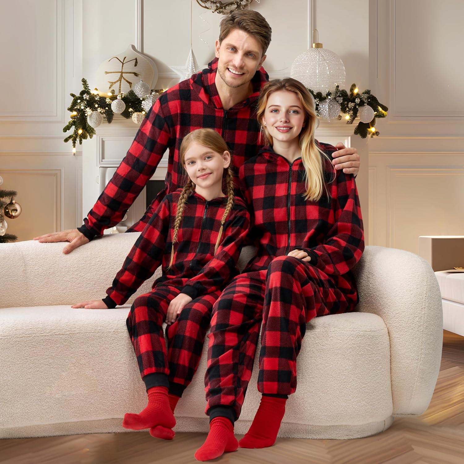 Giggling Getup Red Christmas Pajamas, Flannel Buffalo Plaid Pajamas with Hood for Holiday Jumpsuit - Image 3