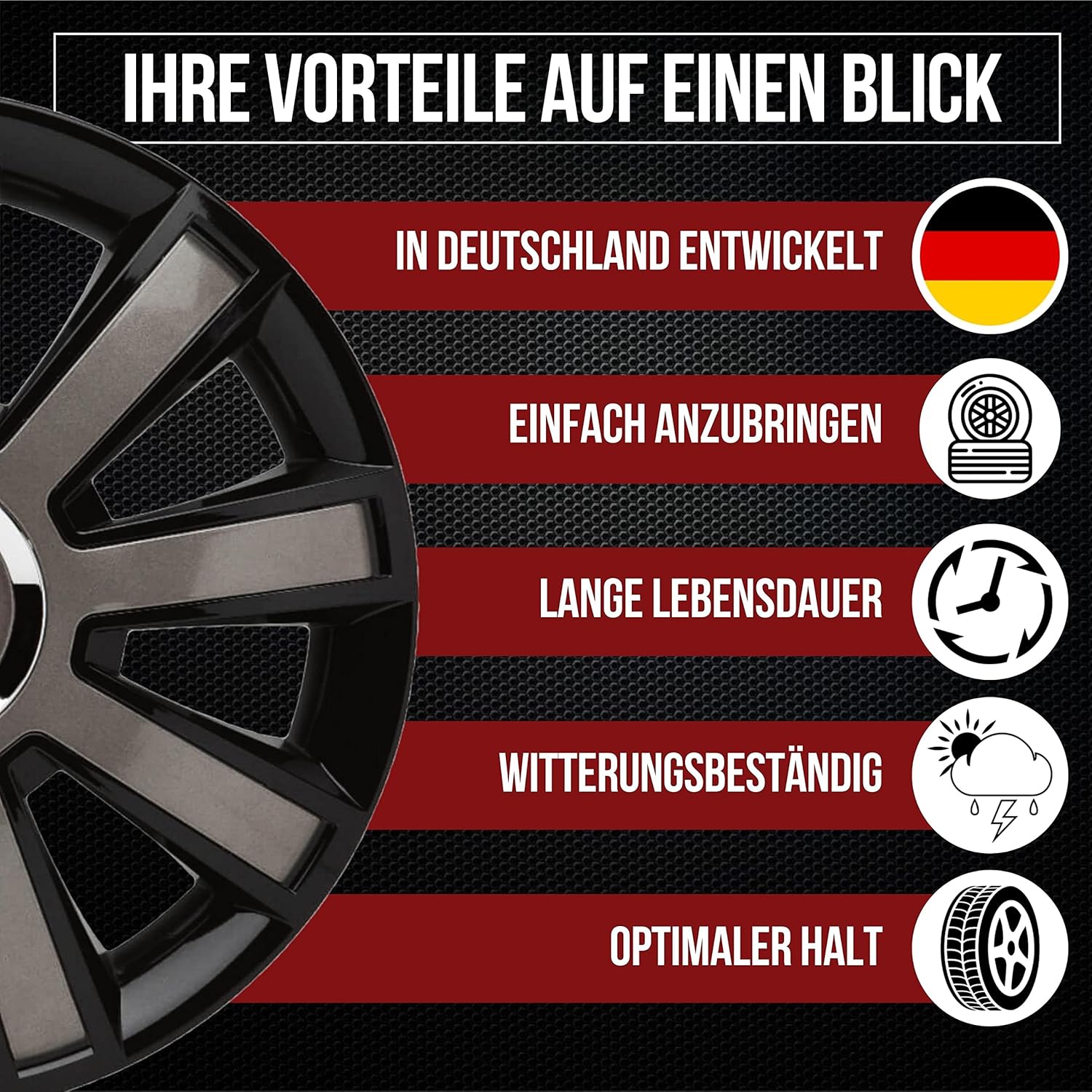 Albrecht 49406 Flash VIII Gloss Black/Grey Plus 16" Wheel Cover, (Set of 4)