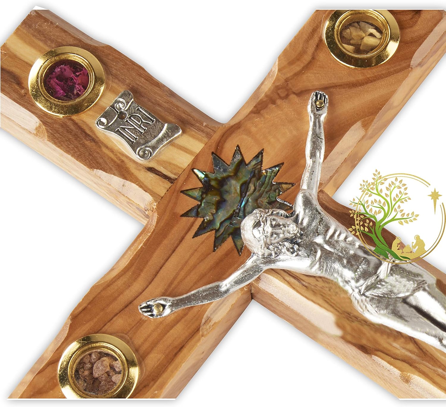 Large Holy Land Olive Wood Wall Crucifix Holds Flowers, Incense, Olive Leaf and Stones/Wooden Cross with Mother of Pearl Bethlehem Star - Communion, Baptism or Christening Gifts - 10" long Crucifix