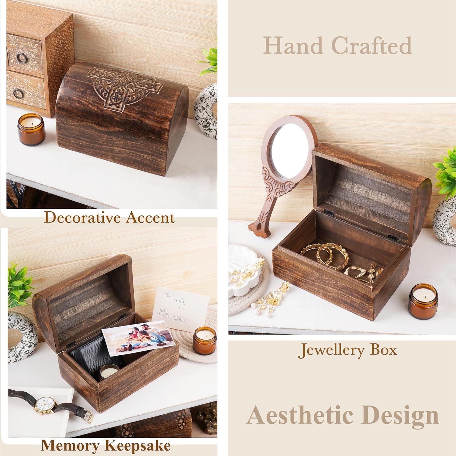 Ajuny Handcarved Wooden Jewelry Box | Multipurpose Keepsake Storage Small Safe Travel Portable Mini Solid Rosewood Organizer | Antique Vintage Decorative Chest Trinket Holder Gift for Women