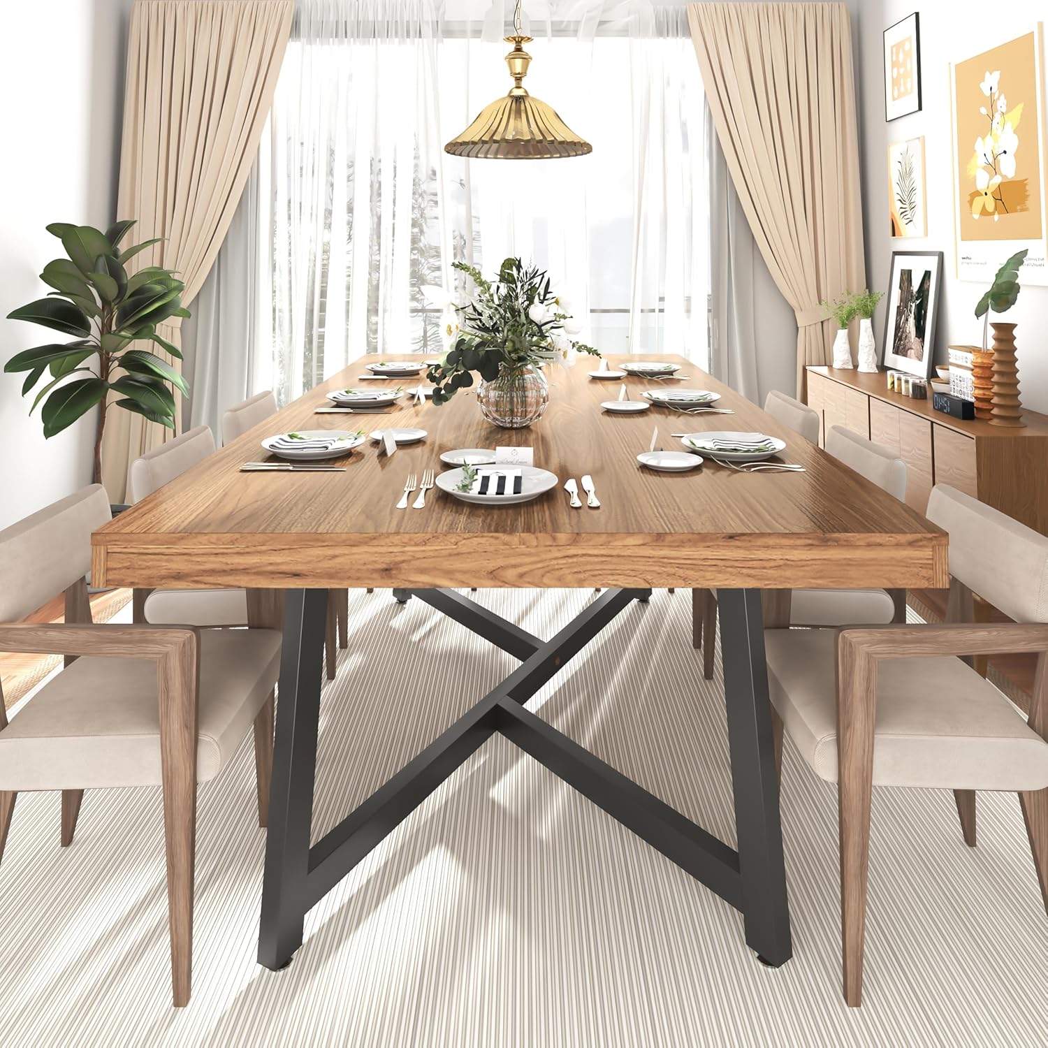 71" Farmhouse Dining Table for 4,6,8 People,Wooden Rustic Kitchen Table W/Thickness Waterproof Wood Tabletop,Rectangular Long Brown Dinner Table for Home Office,Dining Room,Living Room Furniture