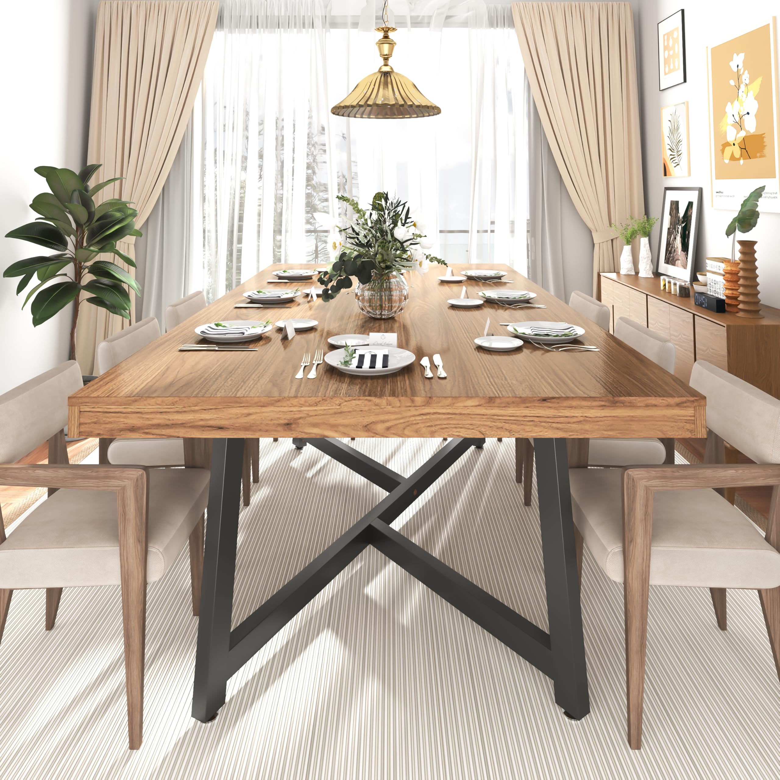 71 Farmhouse Dining Table for 4 6 8 People Wooden Rustic Kitchen Table W Thickness Waterproof Wood Tabletop