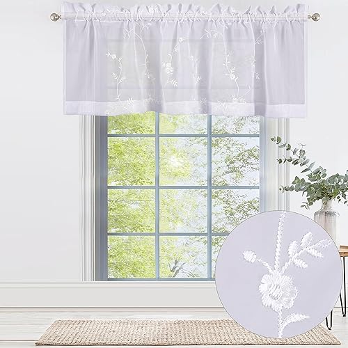 YINFUNG Cenefa de cortina traslúcida de 54 x 18 pulgadas, cenefa bordada floral blanca para ventana de cocina, filtro de luz, 1 panel