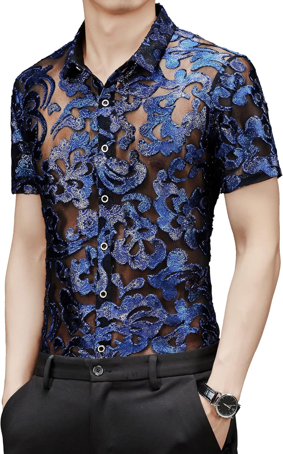 MOKEWEN Men's Punk Elegant See Through Lace Short Sleeve Shirts