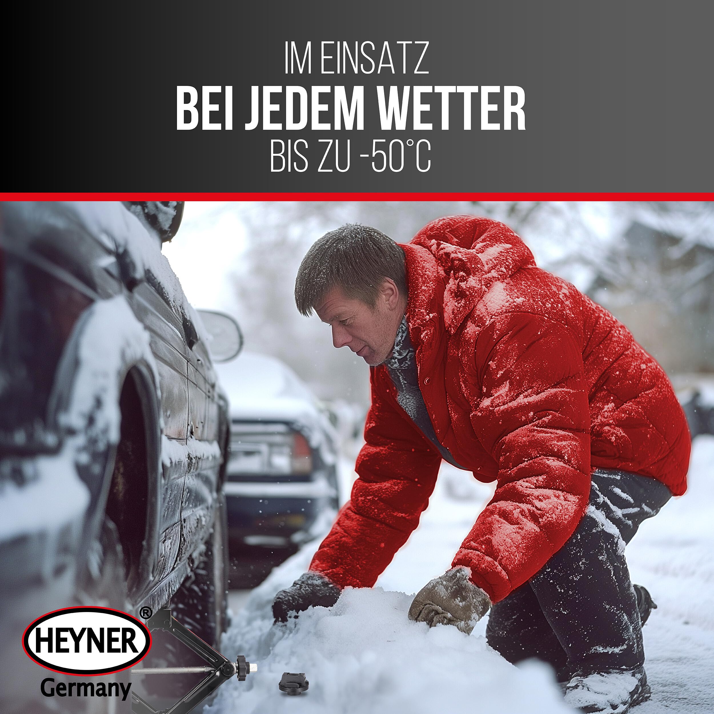HEYNER® Podnośnik nożycowy ] do Mercedes E-Class W214 (2023-) - okrągłe siodełko, wymienna gumowa podpora 360°, ], grzechotka 17 mm i pokrętło, podstawa 30×8 cm, do